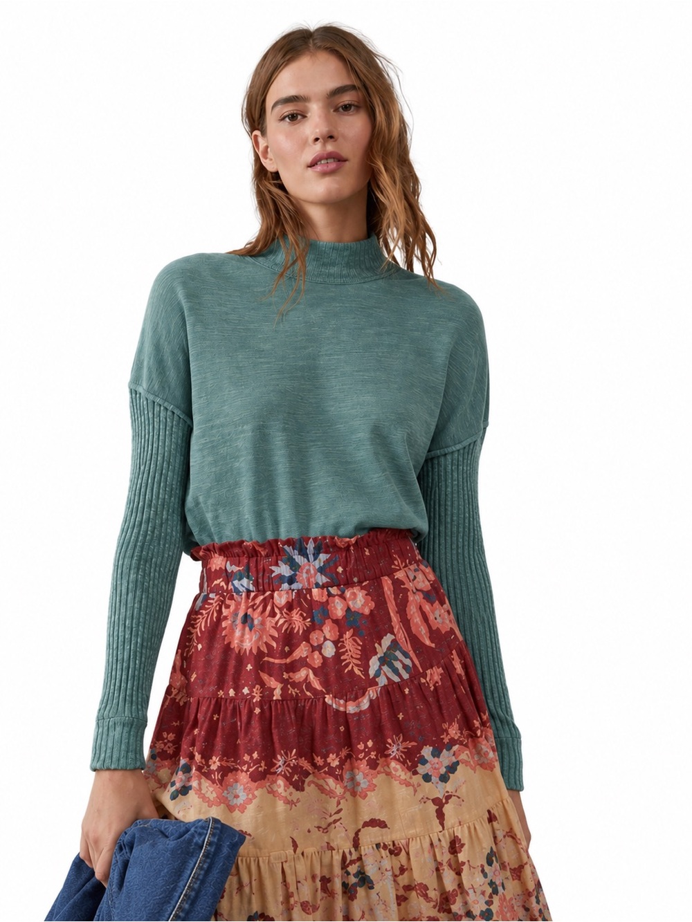 NWT Amadi Blue Mock Neck Cotton Long Sleeves Top